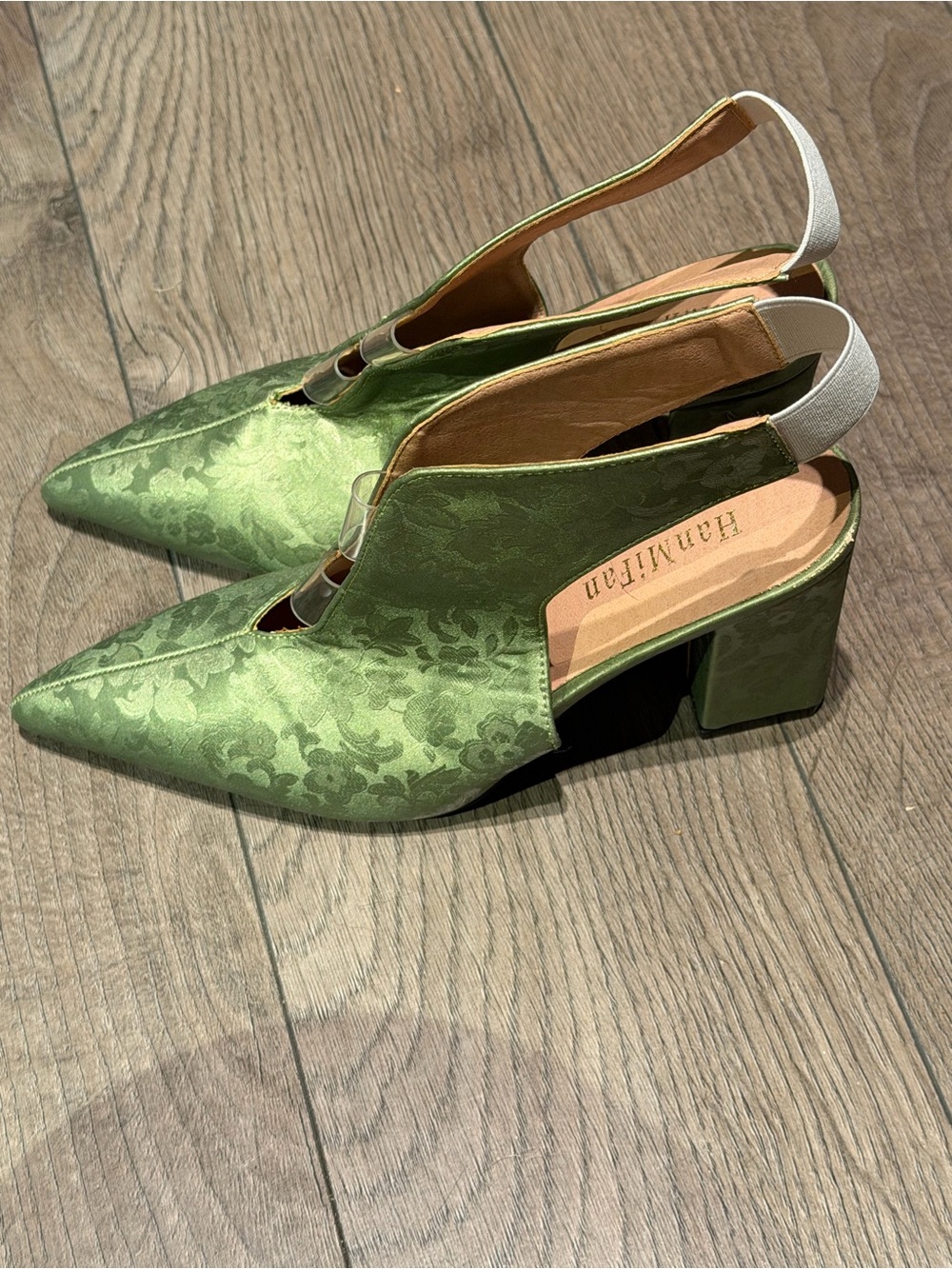 Green Brocade Slingback Block Heels by